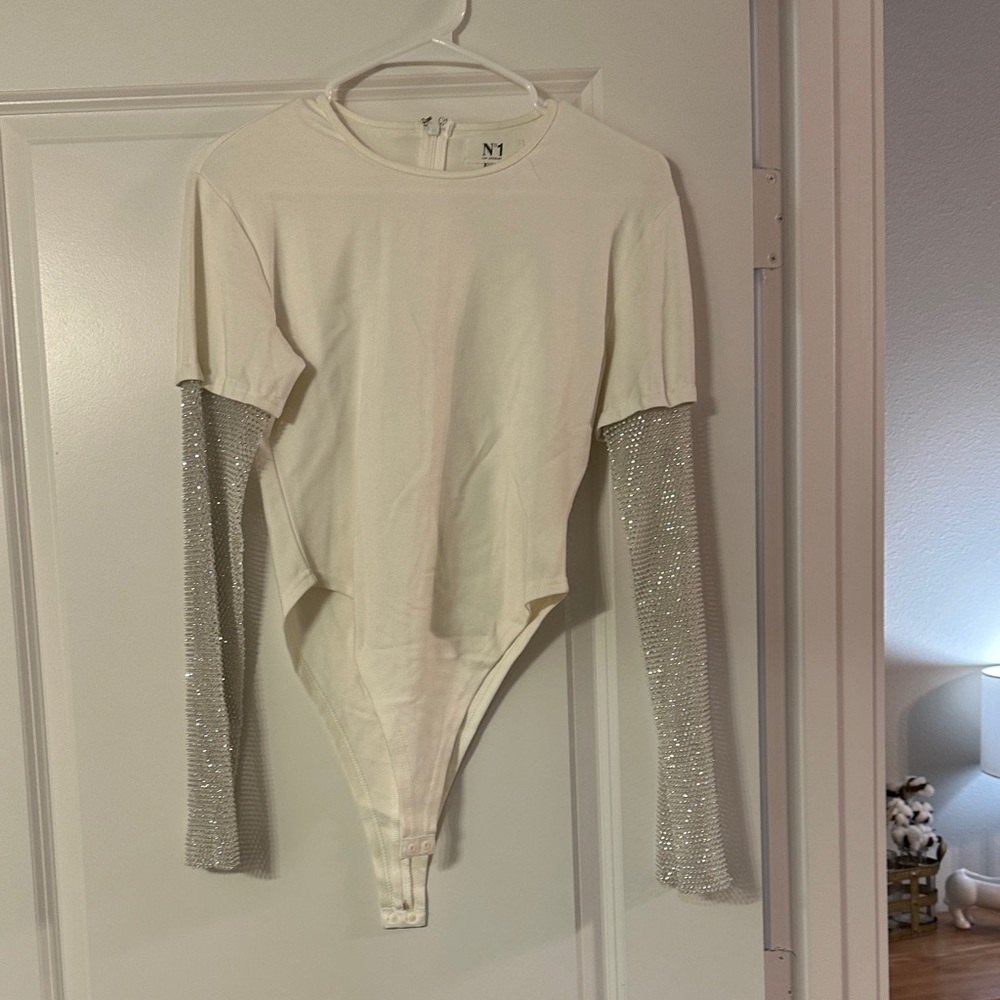 FUN White and Silver Long Sleeve Bodysuit